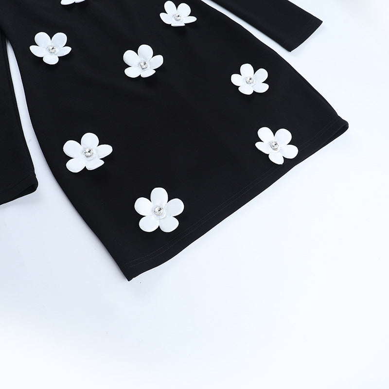 Long sleeve u neck flower applique mini dress | Festival Outfits Women