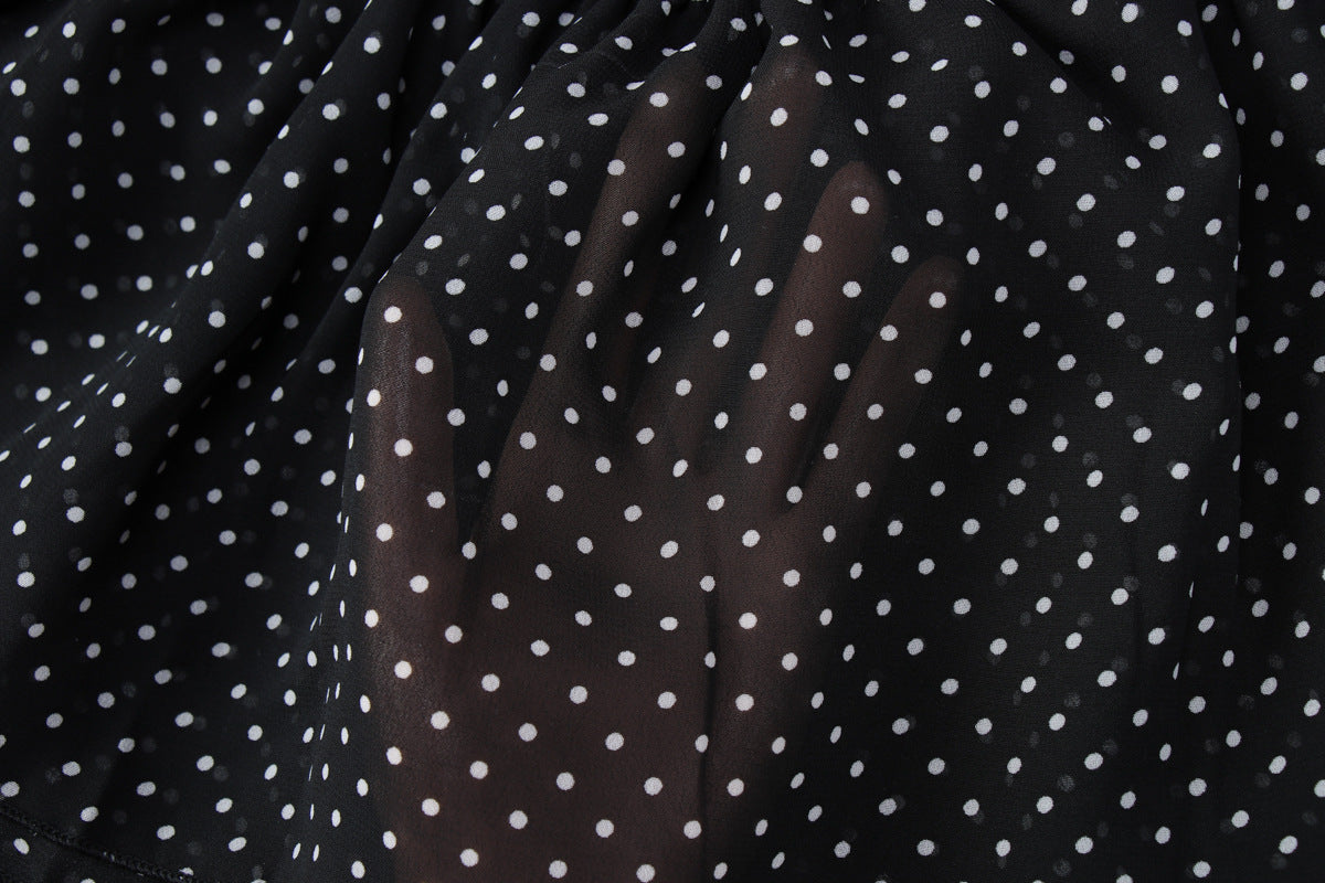 Turnover collar long sleeve button chiffon polka dot mini dress | Festival Outfits Women