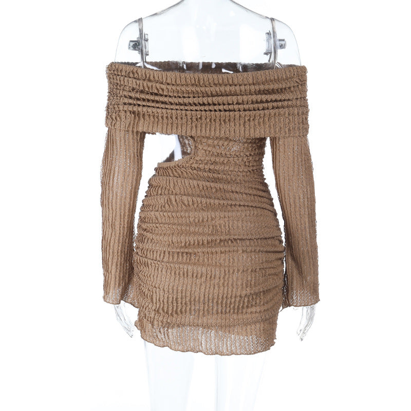Textured long sleeve off shoulder hollow out cut out mini dress | Festival Outfits Women