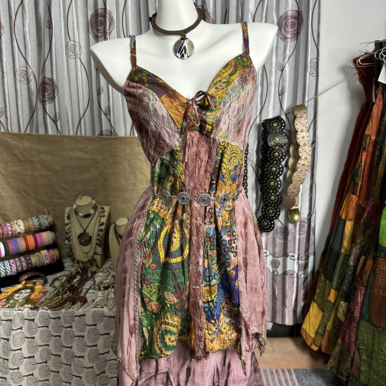 Self tie v neck print lace patchwork cami mini dress | Festival Outfits Women