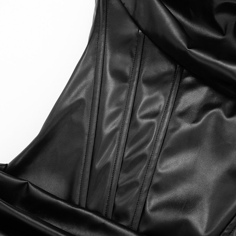 Pleated PU leather zip-up cami mini dress | Festival Outfits Women
