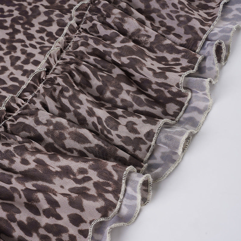 Halter v neck bowknot leopard print mesh mini dress | Festival Outfits Women | Leopard Print Mini Dress