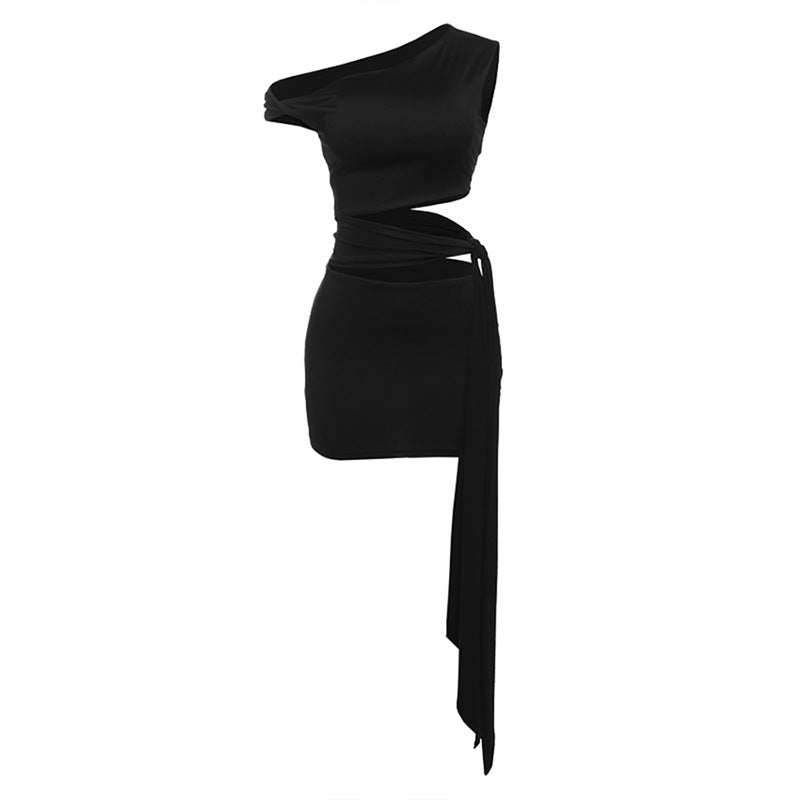 One shoulder hollow out solid cut out mini dress | Festival Outfits Women