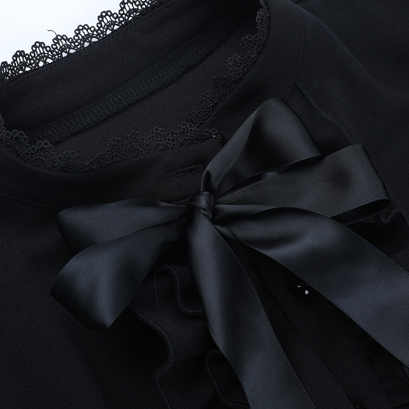 Bowknot long sleeve ruffle solid mini dress | Festival Outfits Women
