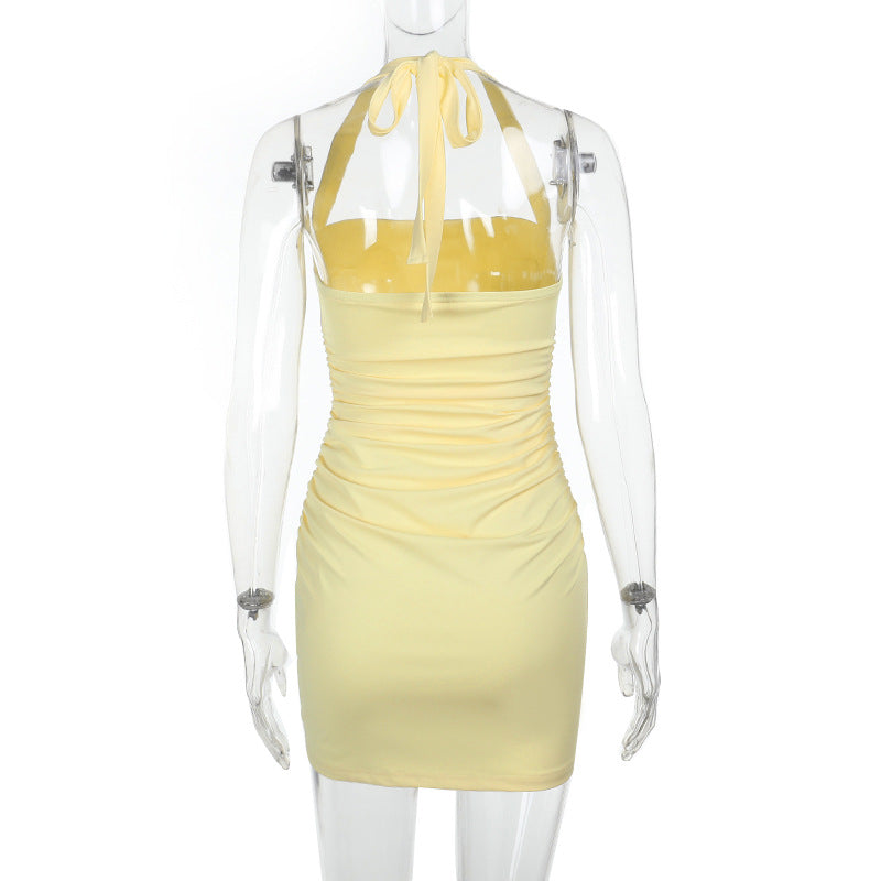 Ruched square neck halter self tie mini dress | Festival Outfits Women