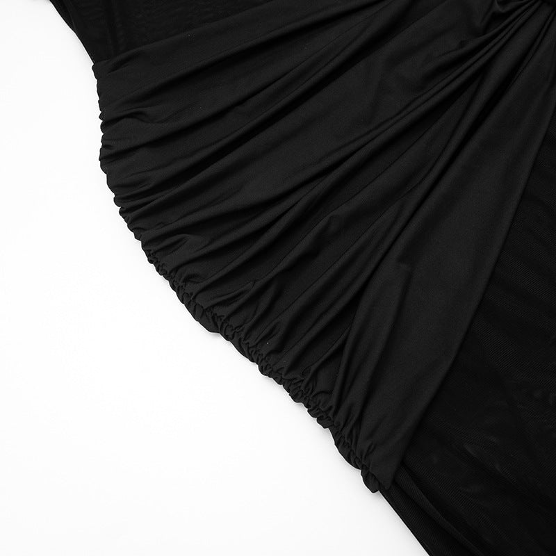 Off shoulder hollow out ruched irregular mesh cut out mini dress | Festival Outfits Women