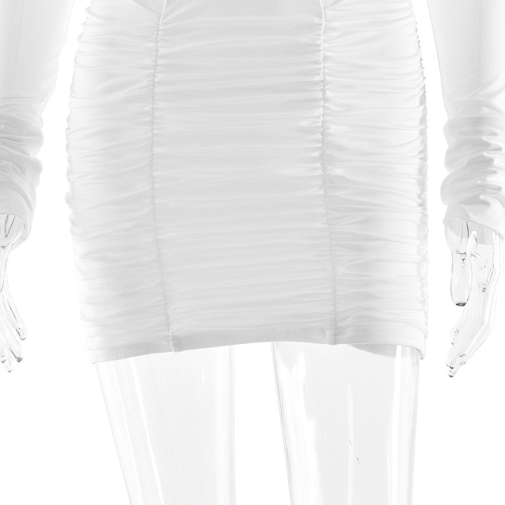 Long sleeve ruched v neck solid mini dress | Festival Outfits Women