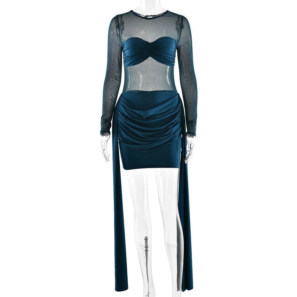 Crewneck long sleeve ruched mesh mini dress | Festival Outfits Women