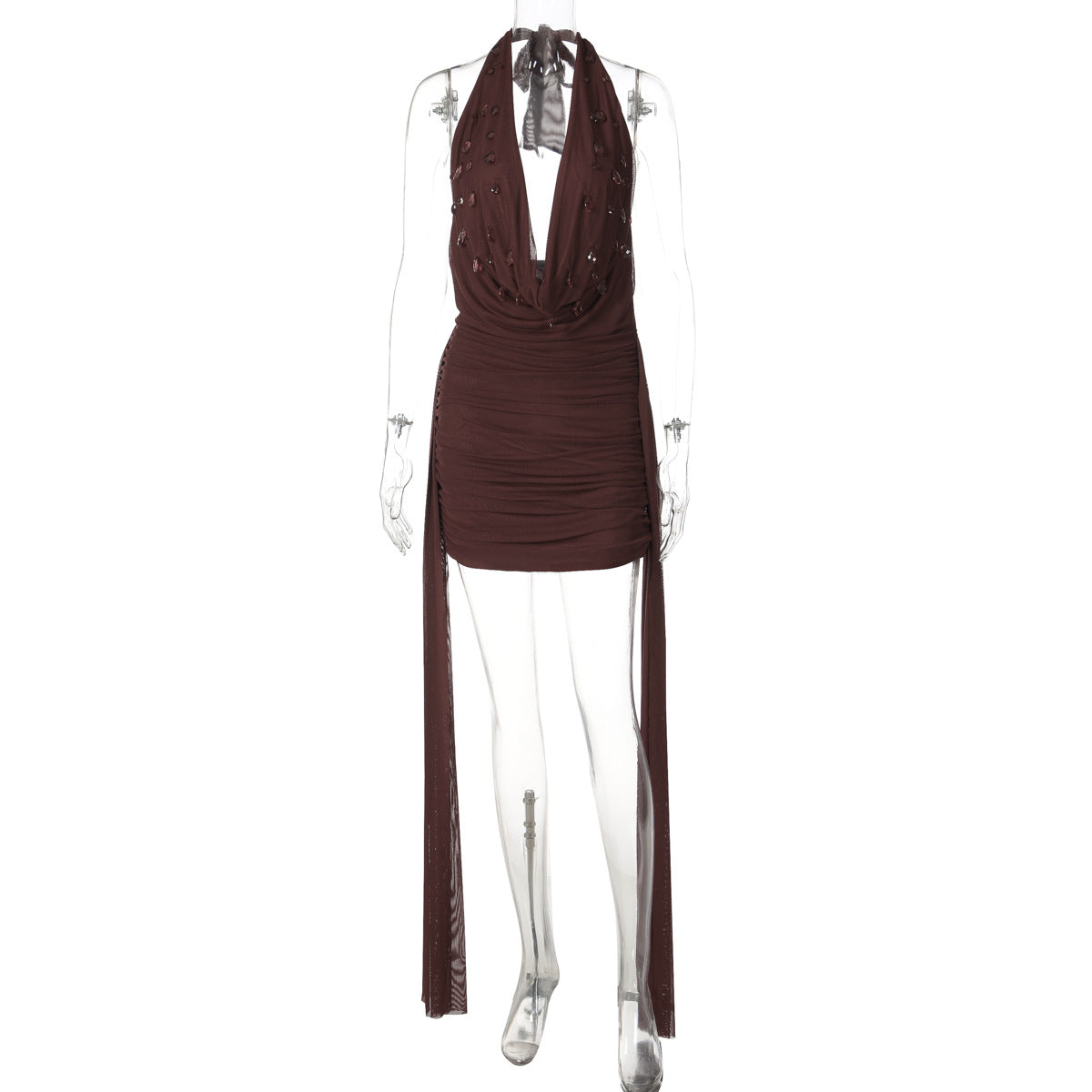 Halter cowl neck self tie water drop applique mini dress | Festival Outfits Women