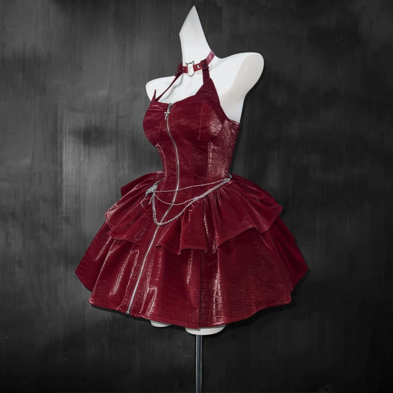 Long sleeve hoodie PU leather halter zip-up 2 piece mini dress | Festival Outfits Women