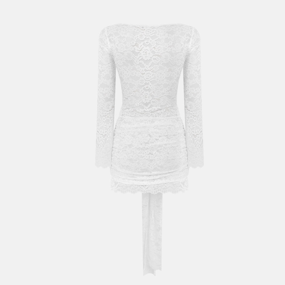 Long sleeve lace crewneck ruched mini dress | Festival Outfits Women