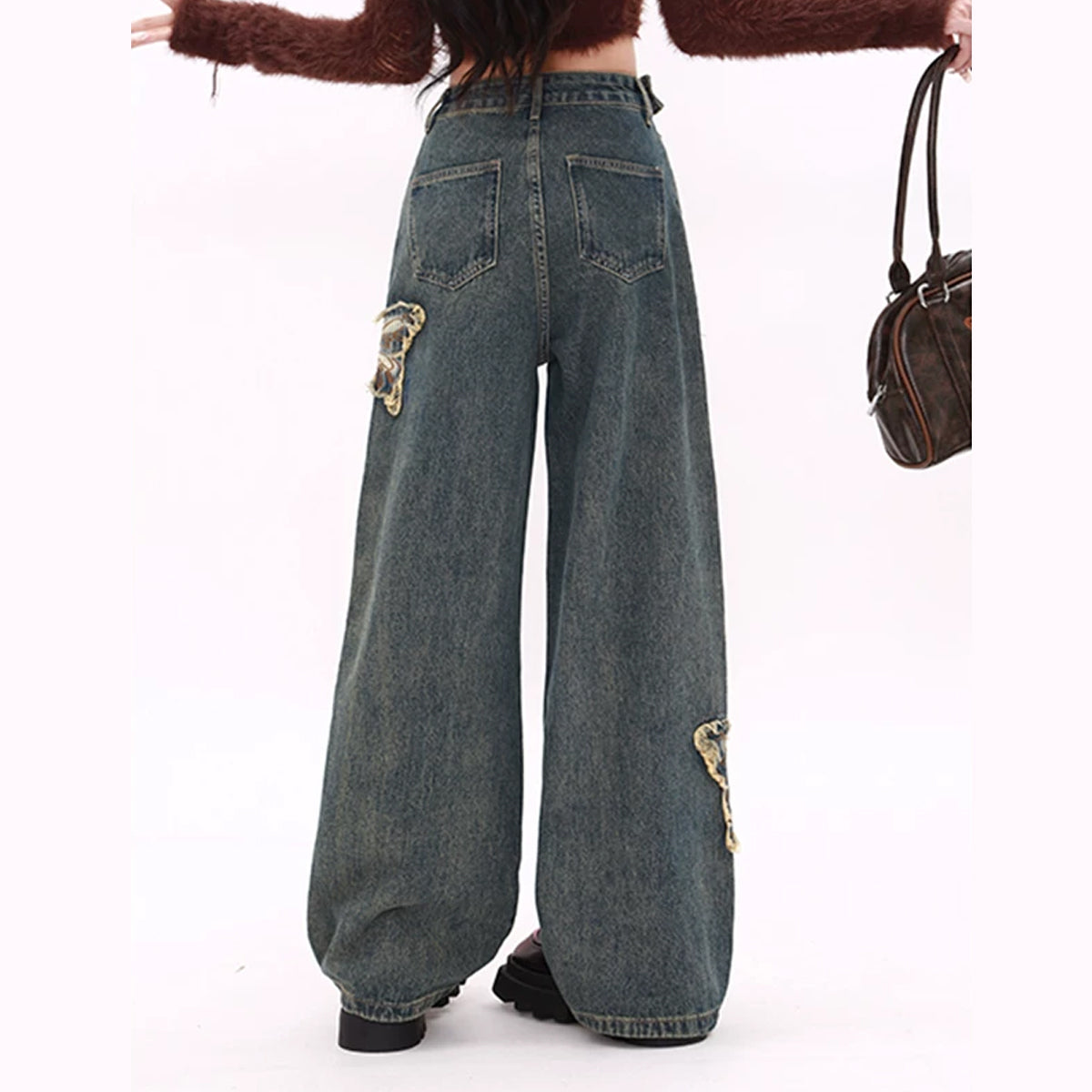 Raw hem butterfly pattern zip-up wide leg | Baggy Low Rise Jeans | Festival Outfits Women