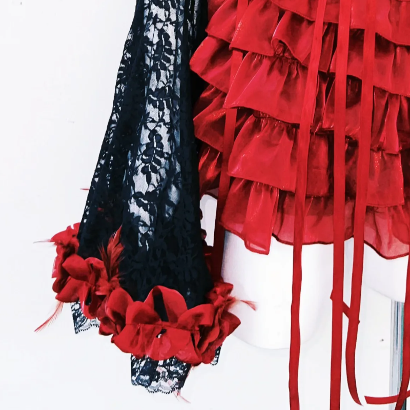 Long flared sleeve flower applique ruffle lace mini dress | Festival Outfits Women