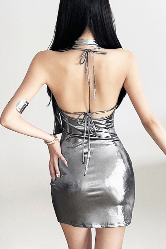 Laser Metallic High Waist Halter Mini Dress