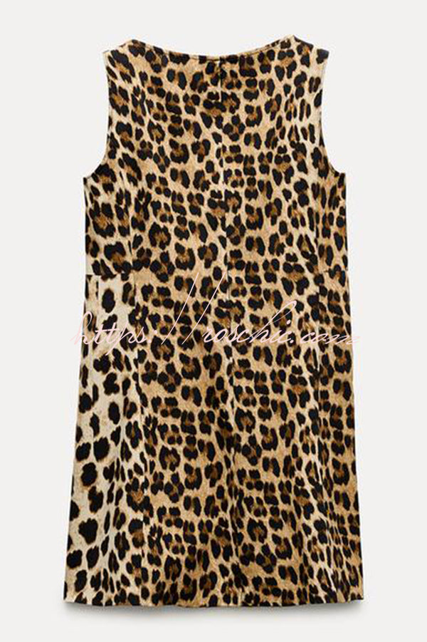 Leopard Print Round Neck Sleeveless Slim Fit Hip Mini Dress