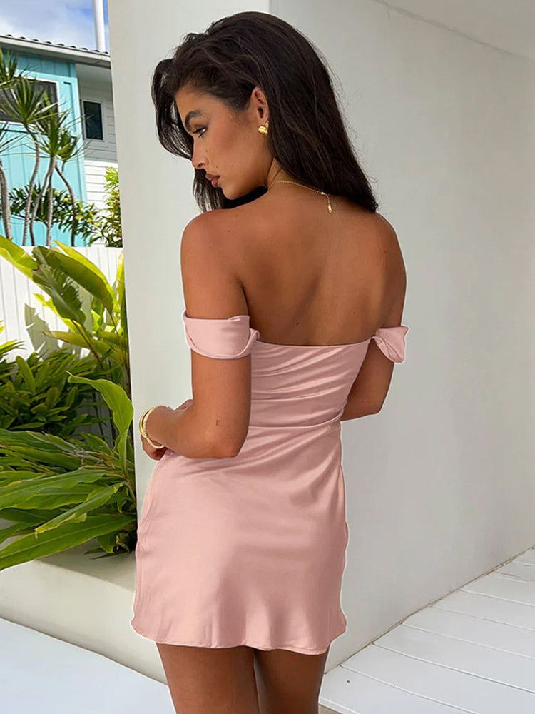 Summer Dress Mini Dresses Pink Bateau Neck Satin Fabric Beach Dress