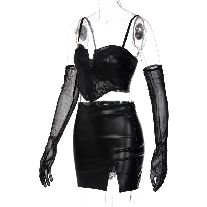 Hugcitar Pu Leather Slip With Detachable Sleeve Backless Crop Top Mini Dress 2 Pieces Set Fall Winter Party Y2K
