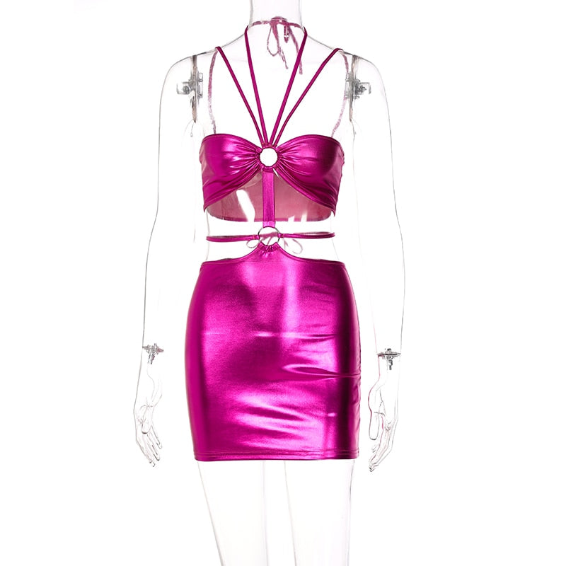 Voguable Solid Sleeveless Bodycon Halter Hollow Out Mini Dress Streetwear Outfits Y2K