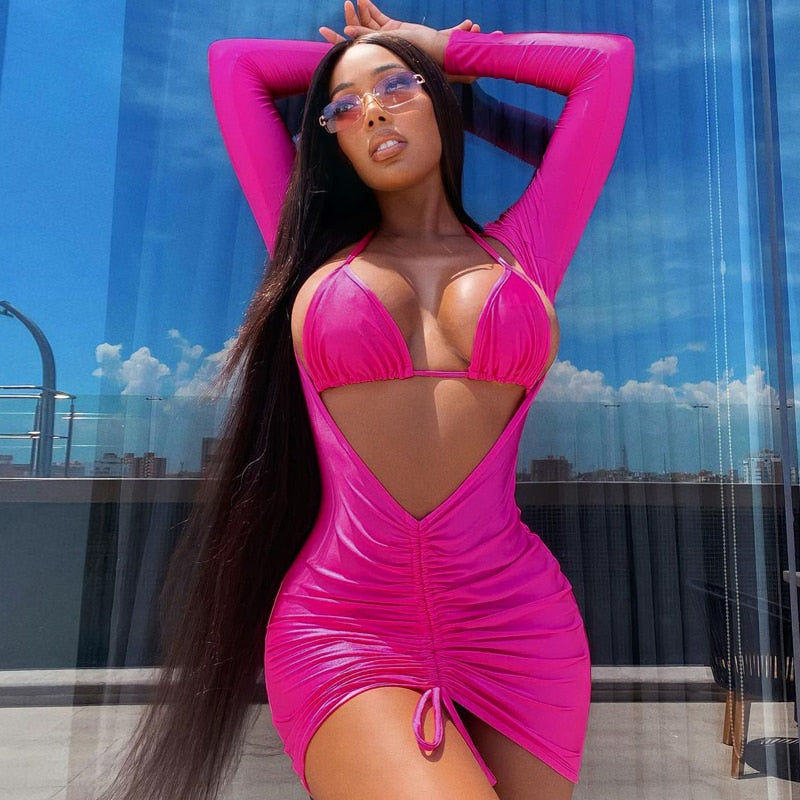 Voguable Long Sleeve Bandage Hollow Out Ruched Bodycon Mini Dress Winter Y2K Slim Streetwear Elegant