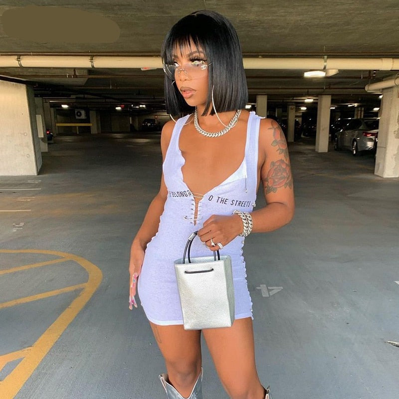 Voguable Sleeveless Mini Dress Patchwork With Corset Patchwork Zipper Bodycon Streetwear Casual Y2K