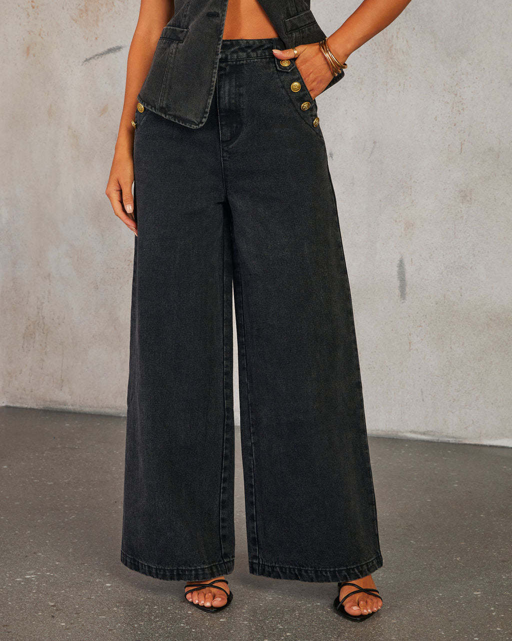 Button Sleeveless Vest Wide Leg Jeans Denim Set