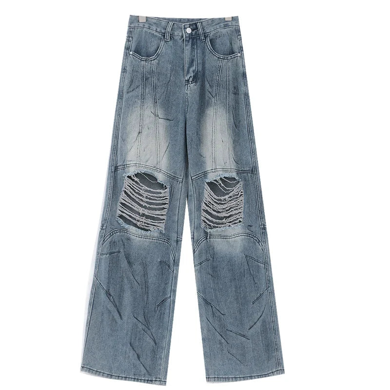 Vintage Distressed And Dirt-Dyed Patchwork Wide-Leg Jeans