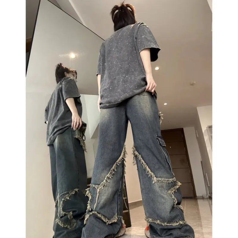 Women's Stylish Blue Baggy Jeans with Star Design | Great for All Seasons