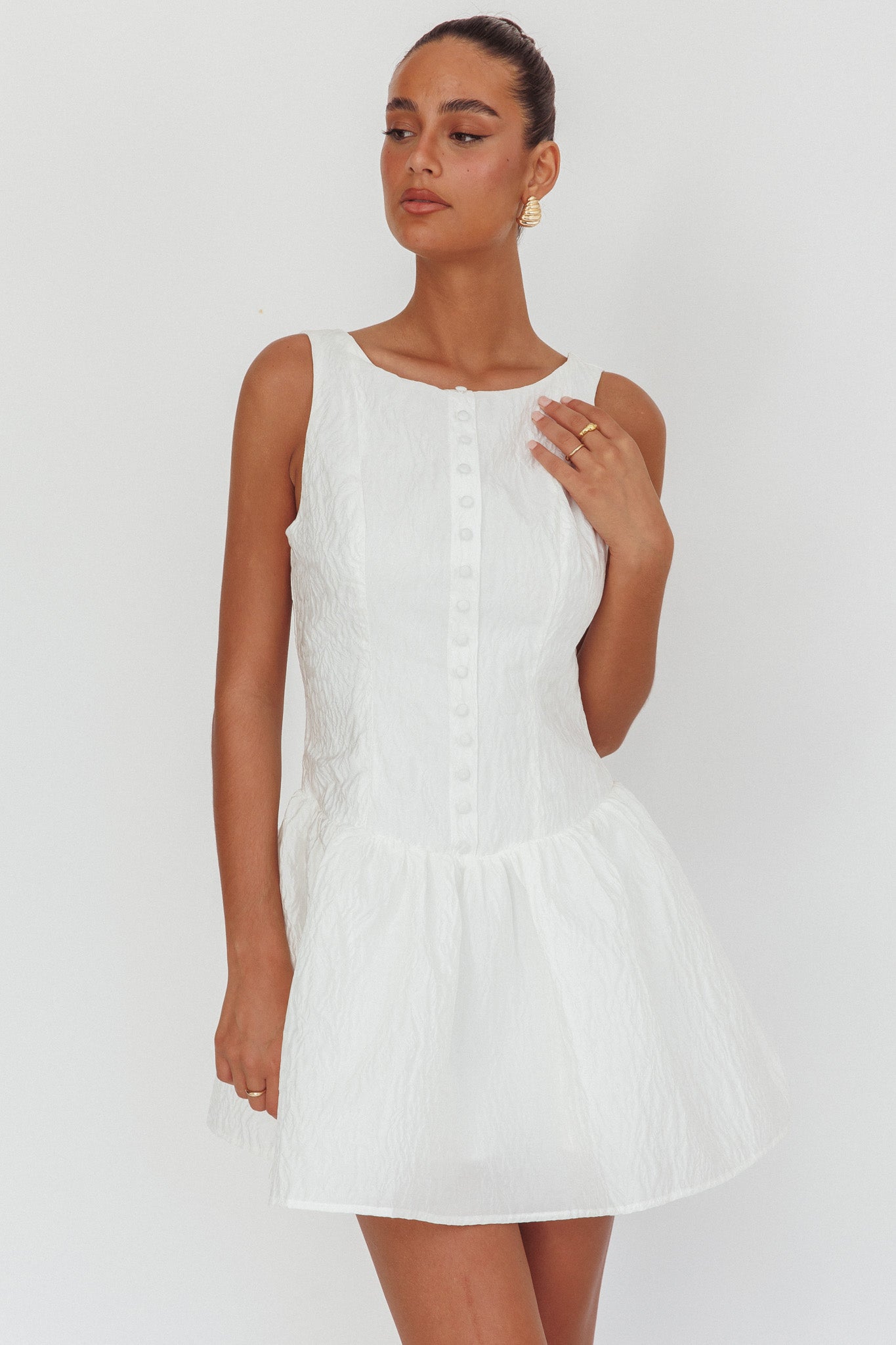 Profile Pic Drop Waist Flounce Mini Dress Textured White