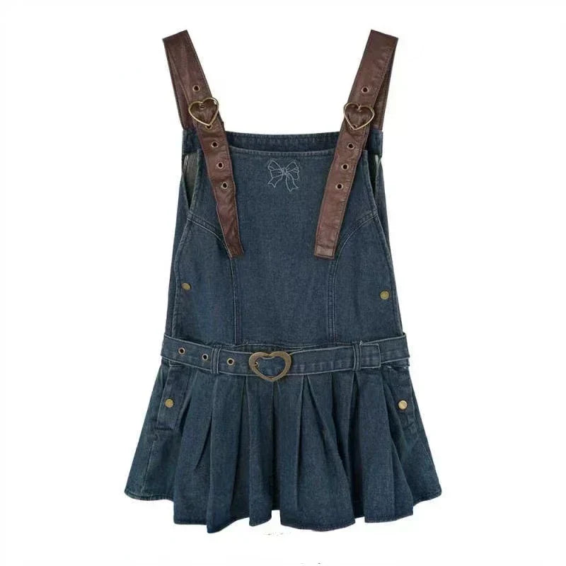 Voguable 2000s Vintage Denim Y2k Mini Dress Elegant Jean Strap Dress Casual Streetwear Sleeveless Dress Korean Chic