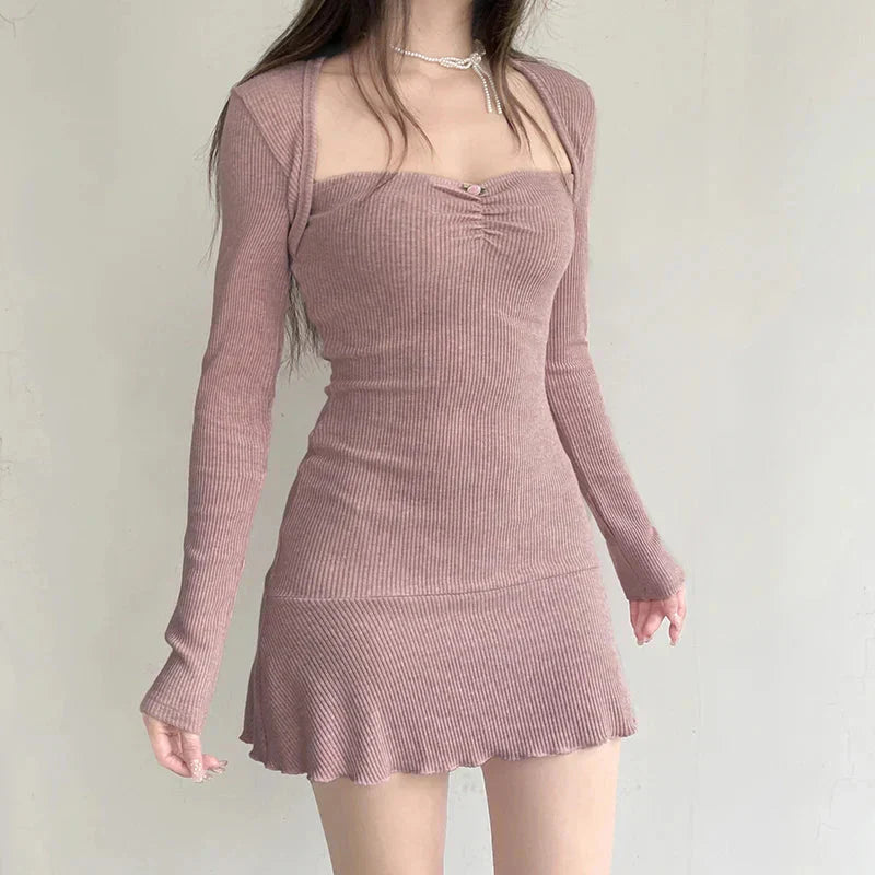 Cute Coquette Pink A-line Mini Dress Fairycore Sweet Full Sleeve Square Collar Short Dresses for y2k