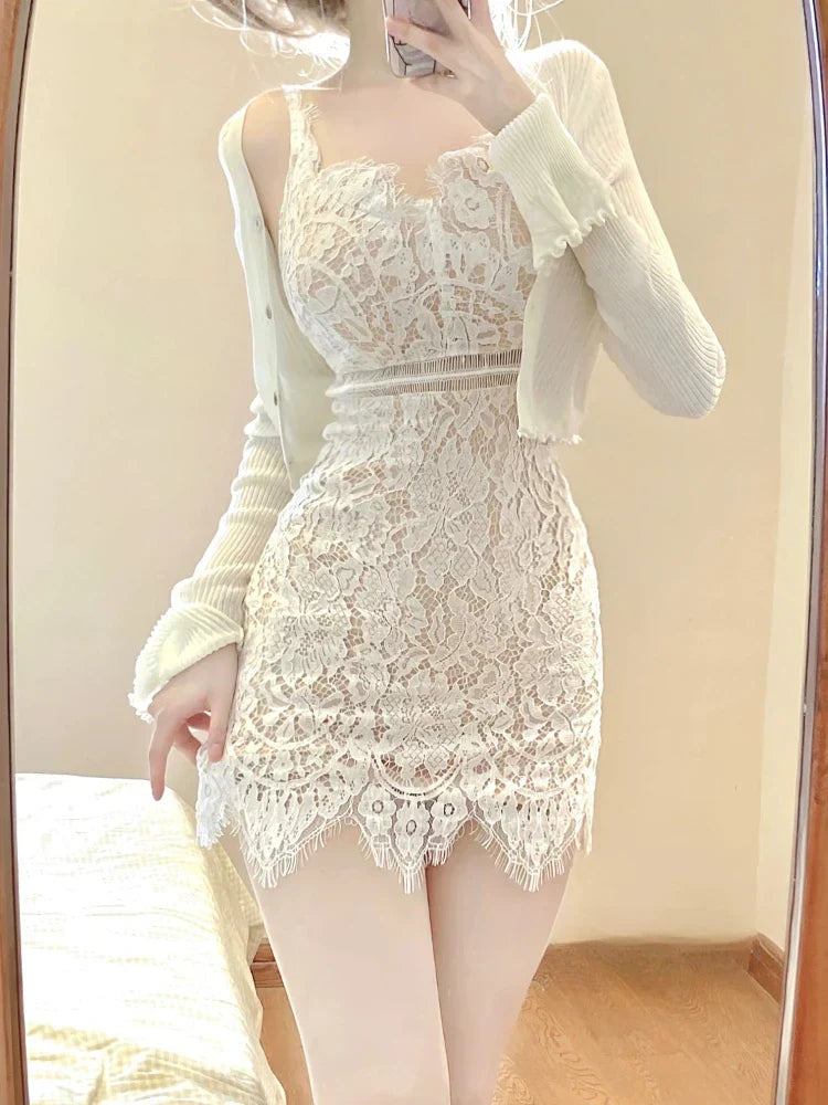 Voguable Elegant Lace Clothing Suit Woman Korean 2 Piece Set Slim Y2k Mini Dress + Casual Short Cardigan Office Lady