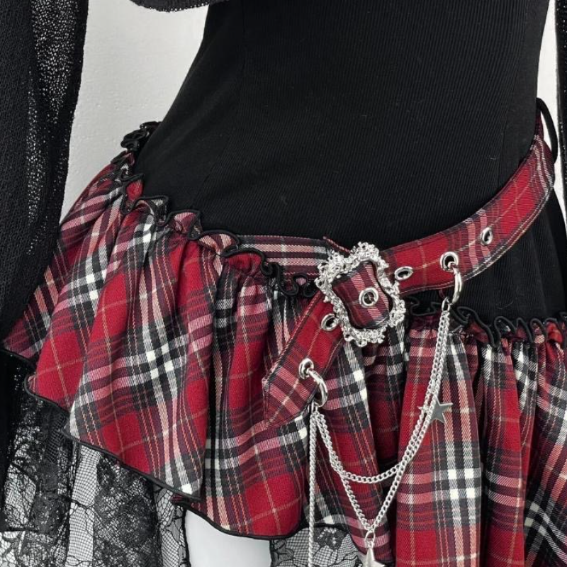 Long sleeve irregular plaid ruffle 2 piece mini dress | Festival Outfits Women