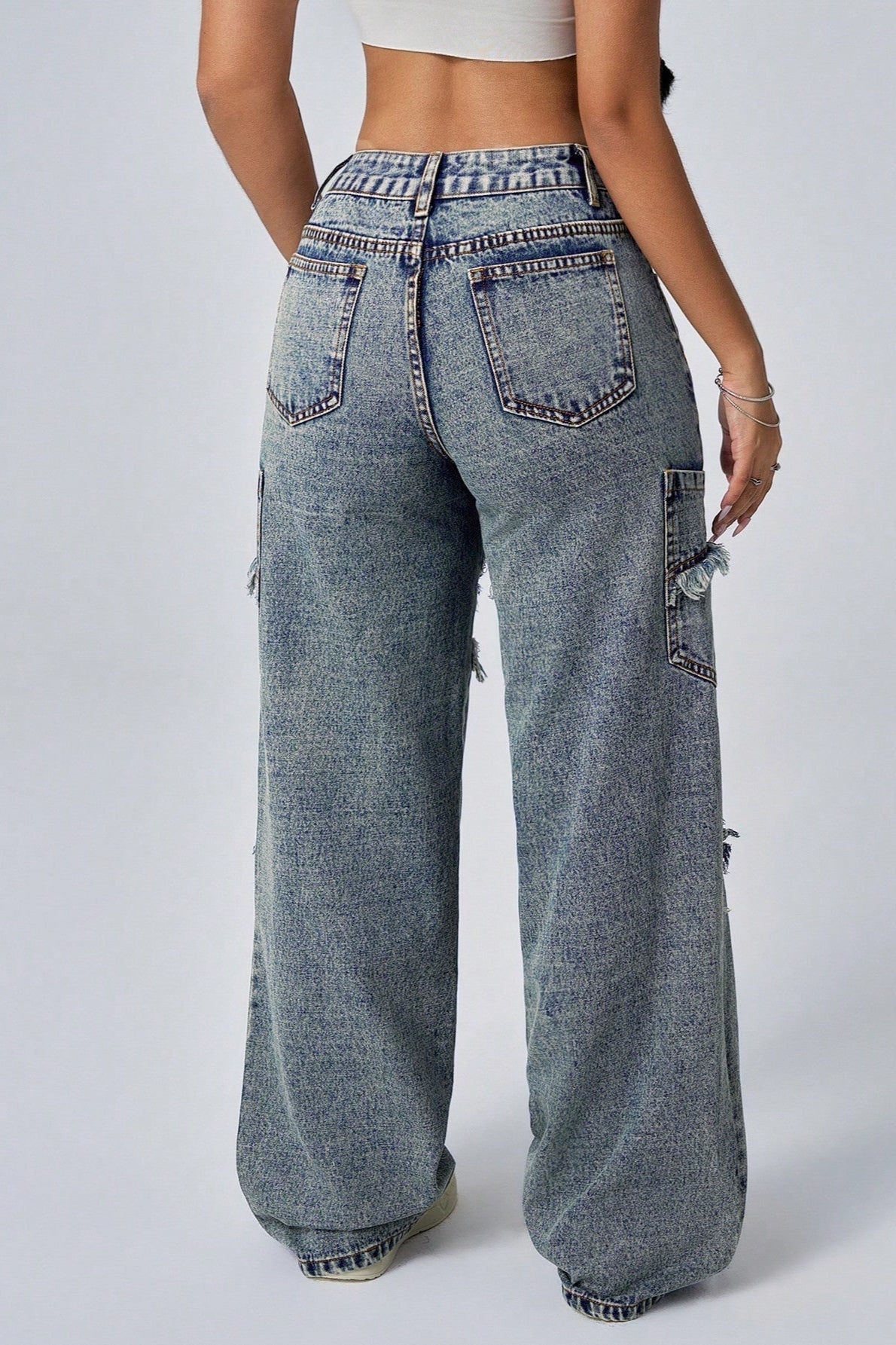 Frayed Patchwork Wide-Leg Loose Denim Jeans