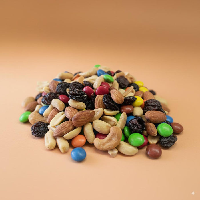 Brad's Sweet & Salty Trail Mix includes dark flame raisins ;plain chocolate lentils ;Roasted Salted peanuts, Roasted Salted cashews ; Roasted Salted almonds