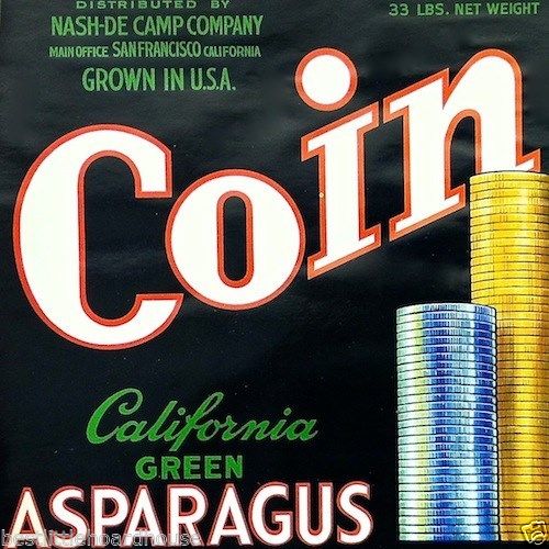 COIN ASPARAGUS Vegetable Crate Box Label 1950s