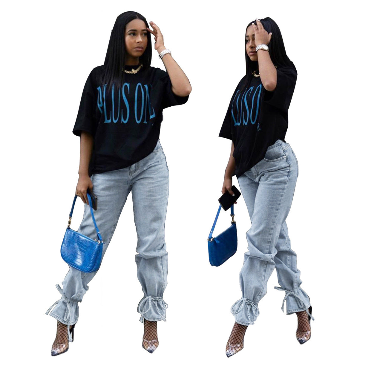 Women Casual Solid Color Ruffled Bandage Jeans
