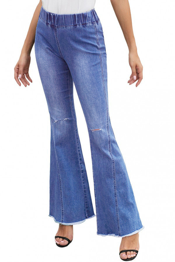 Women Fashion Casual Solid Color Loose Flared Ripped Jeans