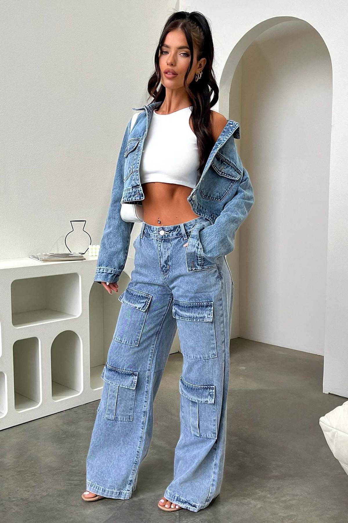 Women Fashion Casual Multi Pocket Wide Leg Jeans