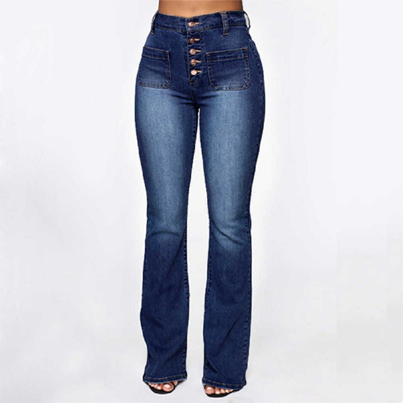 Women Fashion Casual High Waist Pocket Straight Jeans
