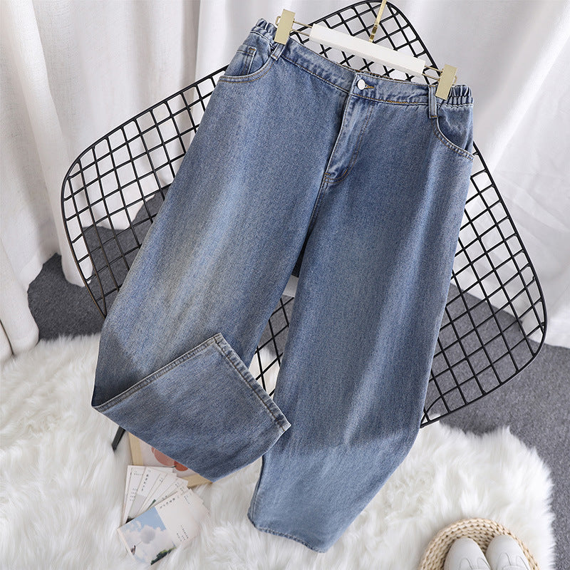 Women Fashion Casual High Waist Washed Old Plus Size Jeans