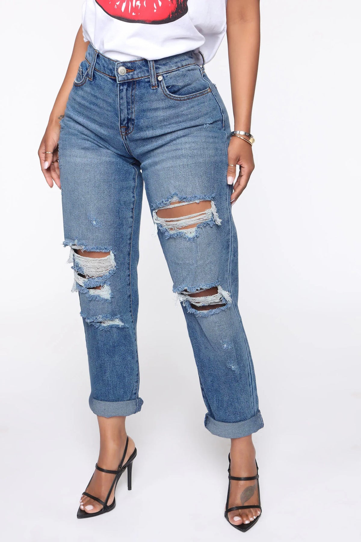 Women Fashion Casual Ripped Straight Jeans