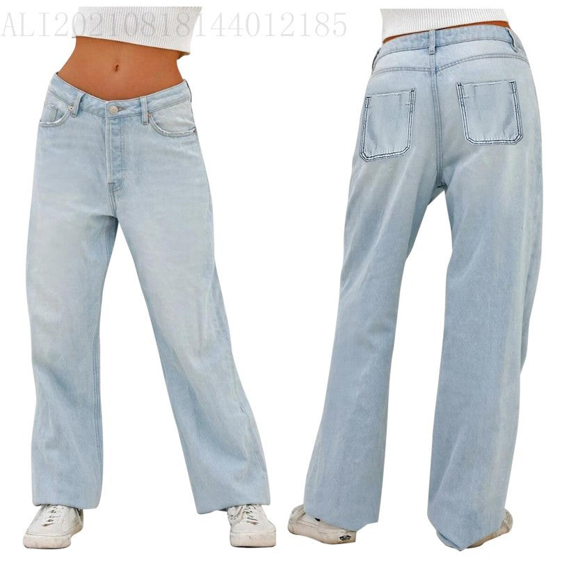 Women Fashion Casual Solid Color Wide Leg Jeans