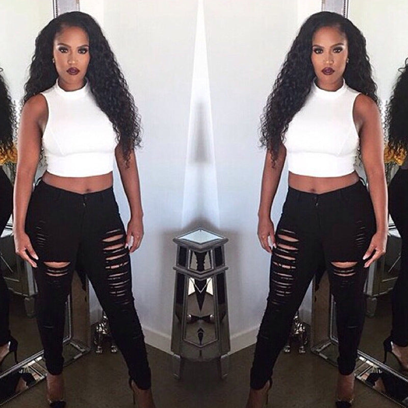 Women Casual Tight Hole Stretch Skinny Ripped Jeans