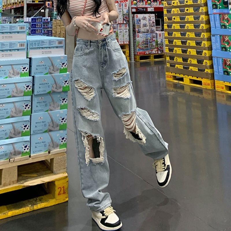 Women'S Loose Casual High Waist Fashion Ripped Straight Jeans