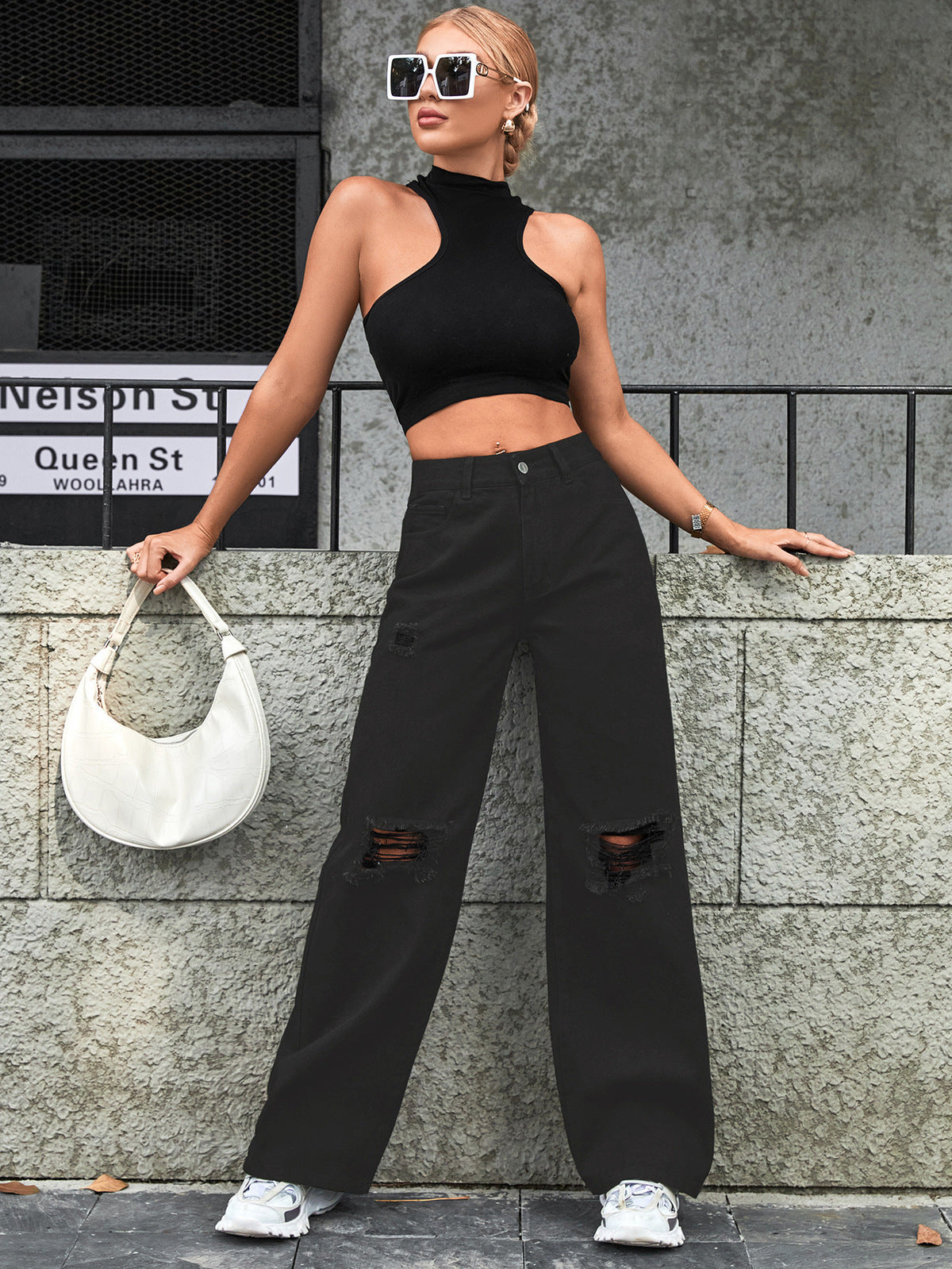 Women Fashion Casual High Waist Wide Leg Ripped Jeans