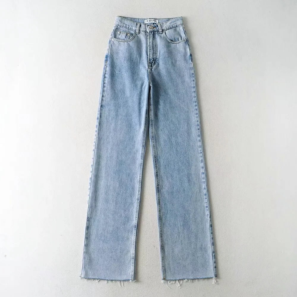 Women Casual Edgy Raw Hem Solid Color High Waist Loose Straight Jeans