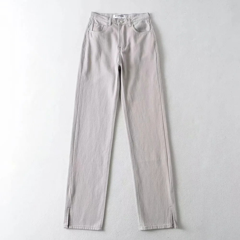 Women Fashion Casual Solid Color Front Split Defined Waist Denim Jeans