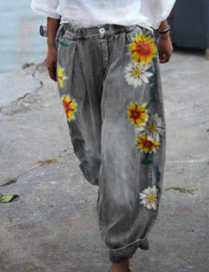 Women'S Fashion Vintage Casual Floral Embroidery Loose Jeans