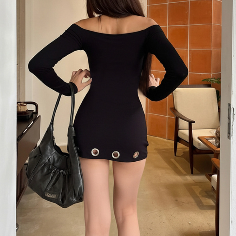 Off shoulder long sleeve hollow out cut out mini dress | Festival Outfits Women