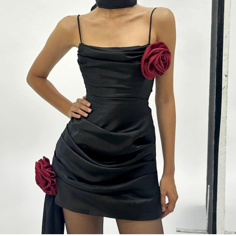 Square neck flower applique ruched mini dress | Festival Outfits Women